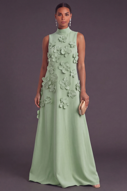 Blue Floral High Neck A Line Long Formal Dress