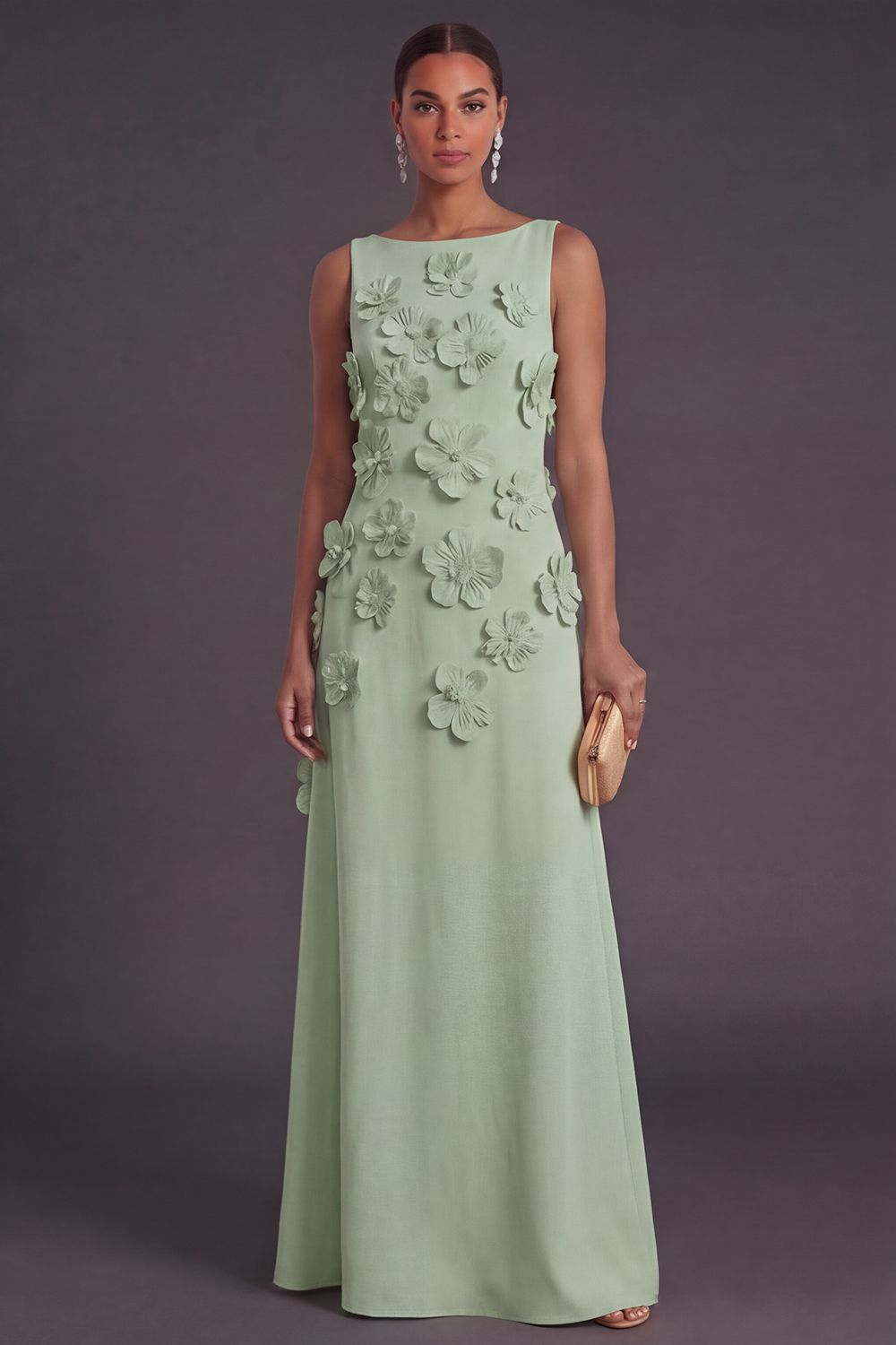 Hot Pink Floral Boat Neck A Line Long Formal Dress