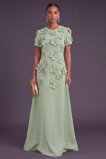 Blue Floral A Line Round Neck Long Formal Dress with Sleeves