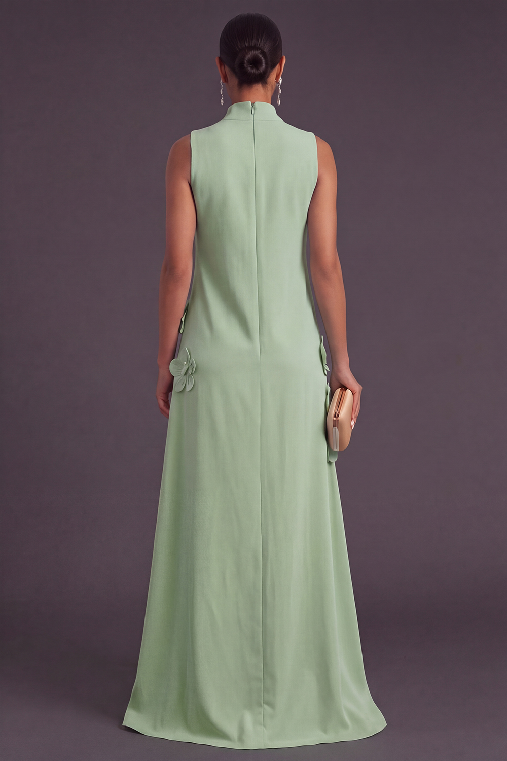 Blue Floral High Neck A Line Long Formal Dress