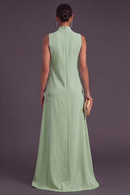 Blue Floral High Neck A Line Long Formal Dress
