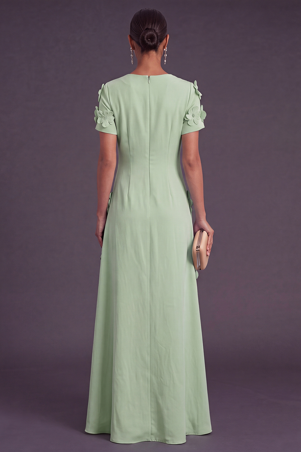 Blue Floral A Line Round Neck Long Formal Dress with Sleeves