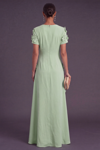 Blue Floral A Line Round Neck Long Formal Dress with Sleeves