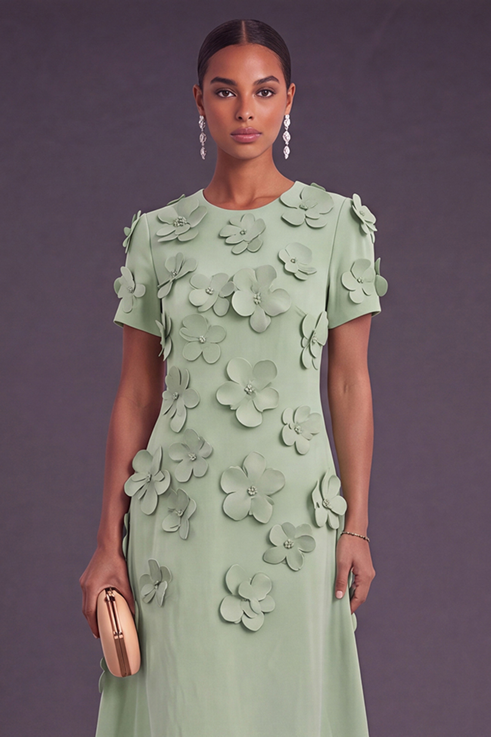 Blue Floral A Line Round Neck Long Formal Dress with Sleeves