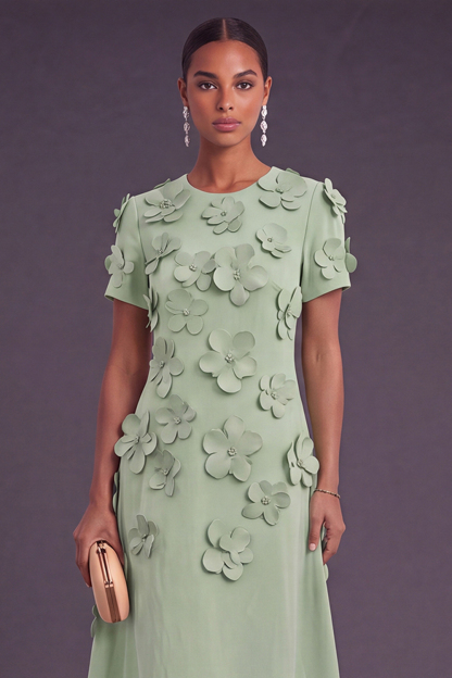 Blue Floral A Line Round Neck Long Formal Dress with Sleeves