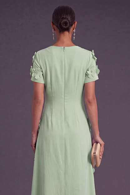 Blue Floral A Line Round Neck Long Formal Dress with Sleeves