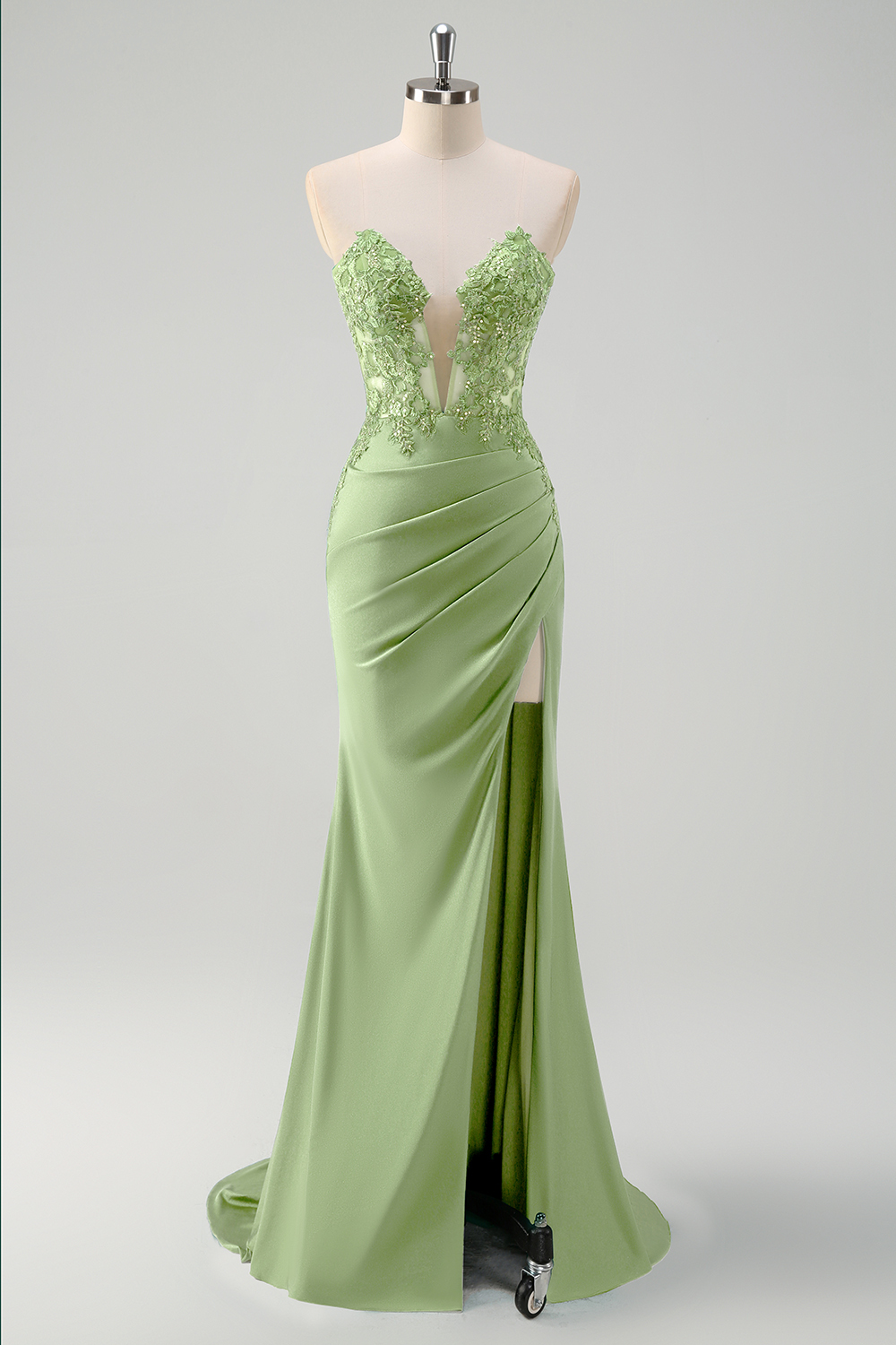 Green Mermaid Applique Sweetheart V-Neck Prom Dress with Slit