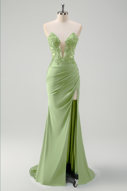 Green Mermaid Applique Sweetheart V-Neck Prom Dress with Slit