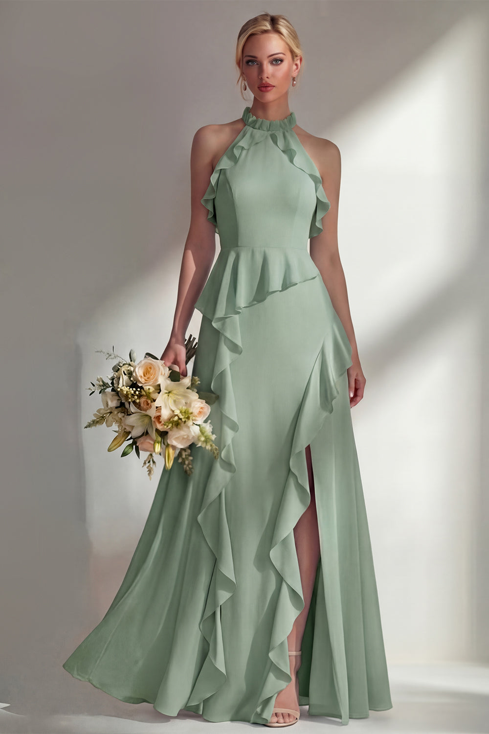 Butter Yellow Ruffled Halter Neck A Line Long Bridesmaid Dress with Slit