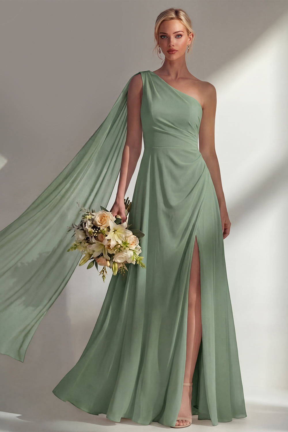 Burgundy One Shoulder Backless Ruched Long Bridesmaid Dress with Slit