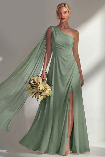 Burgundy One Shoulder Backless Ruched Long Bridesmaid Dress with Slit