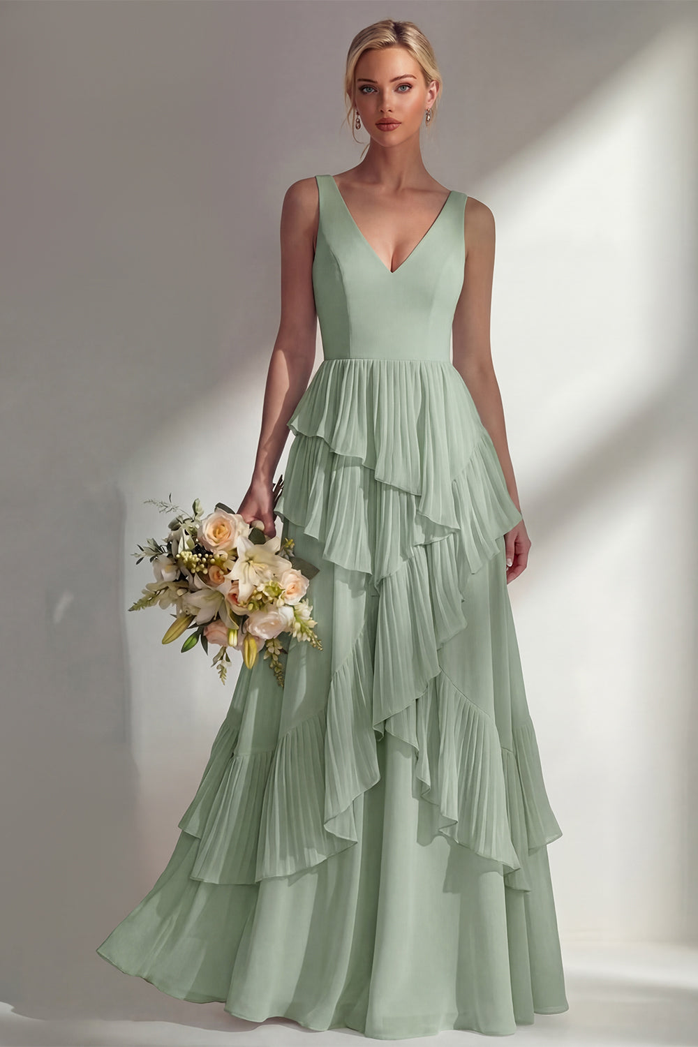 Sea Glass V Neck Ruffled Sleeveless Long Bridesmaid Dress