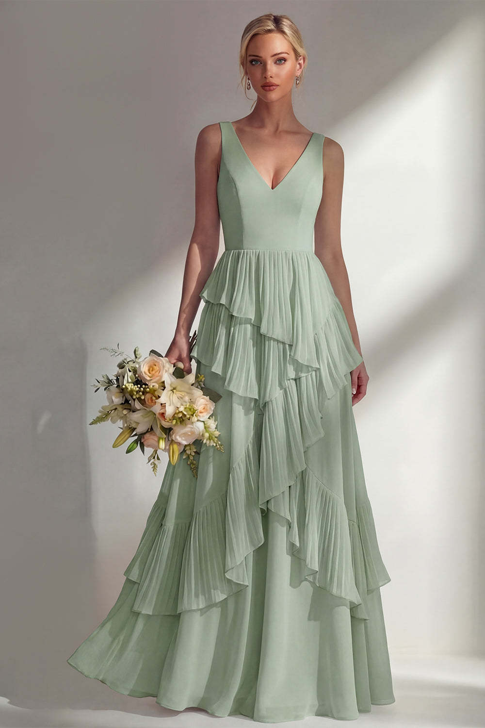 Sea Glass V Neck Ruffled Sleeveless Long Bridesmaid Dress