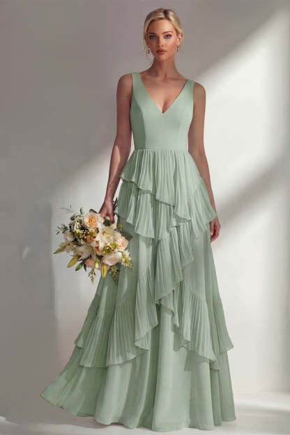 Sea Glass V Neck Ruffled Sleeveless Long Bridesmaid Dress