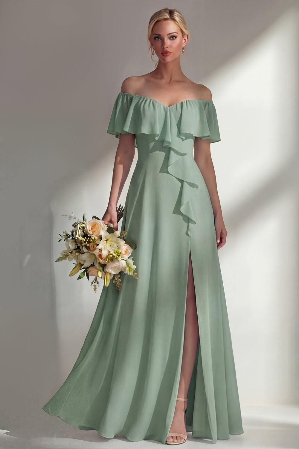 A Line Burgundy Ruffed Off the Shoulder Long Bridesmaid Dress with Slit