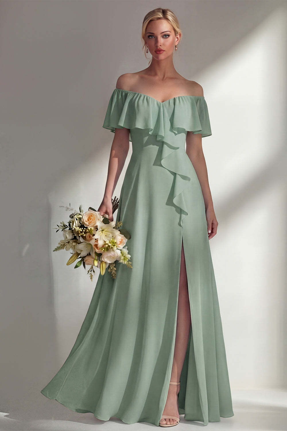 A Line Burgundy Ruffed Off the Shoulder Long Bridesmaid Dress with Slit