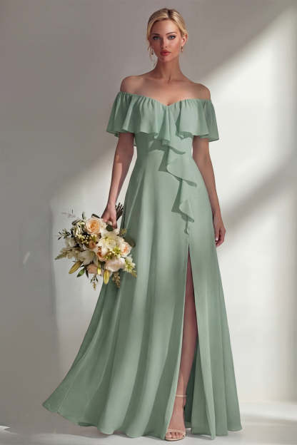 A Line Burgundy Ruffed Off the Shoulder Long Bridesmaid Dress with Slit