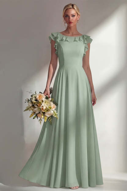 A Line Round Neck Ruffled Dusty Blue Long Bridesmaid Dress