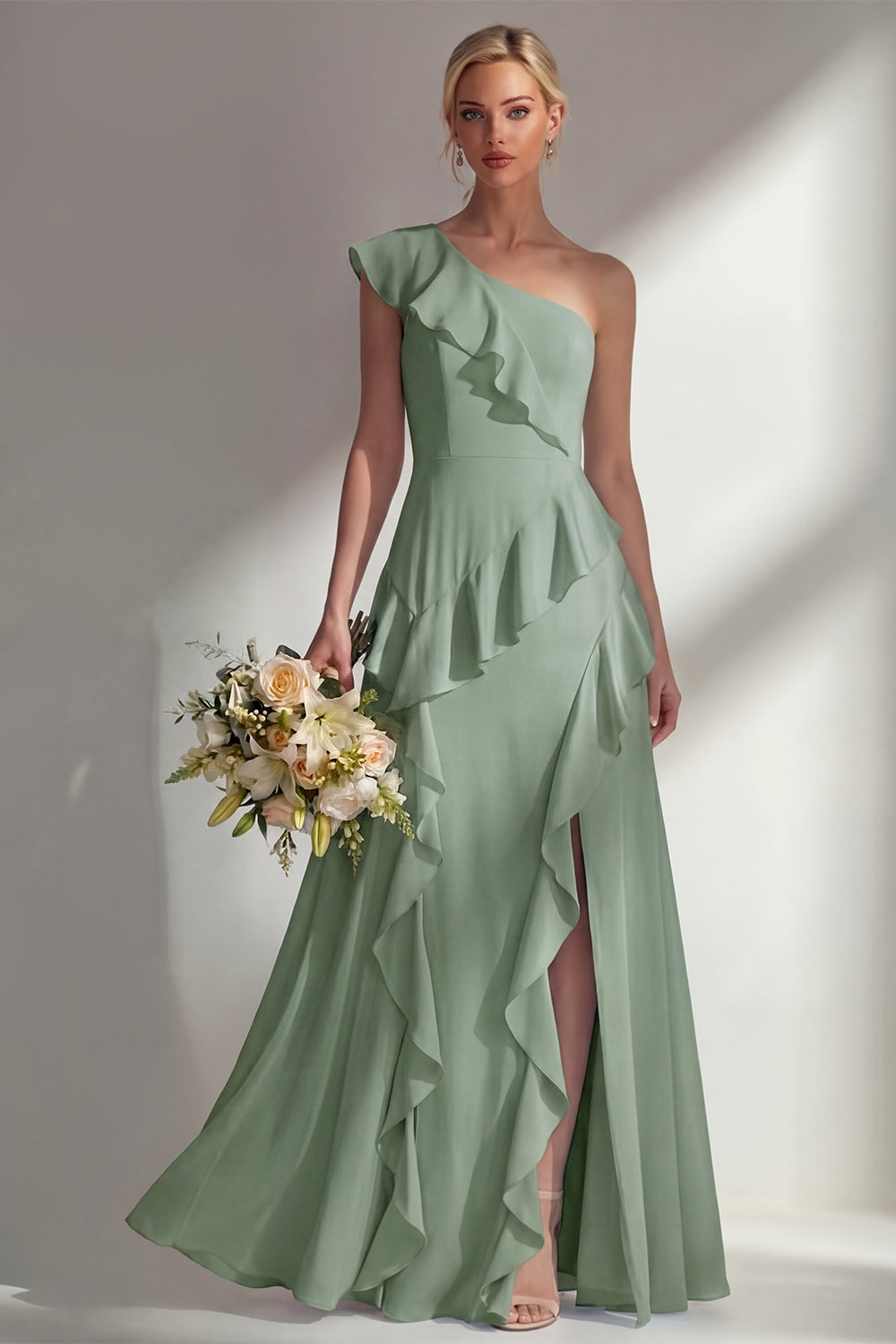 Emerald A Line Ruffled One Shoulder Long Bridesmaid Dress with Slit