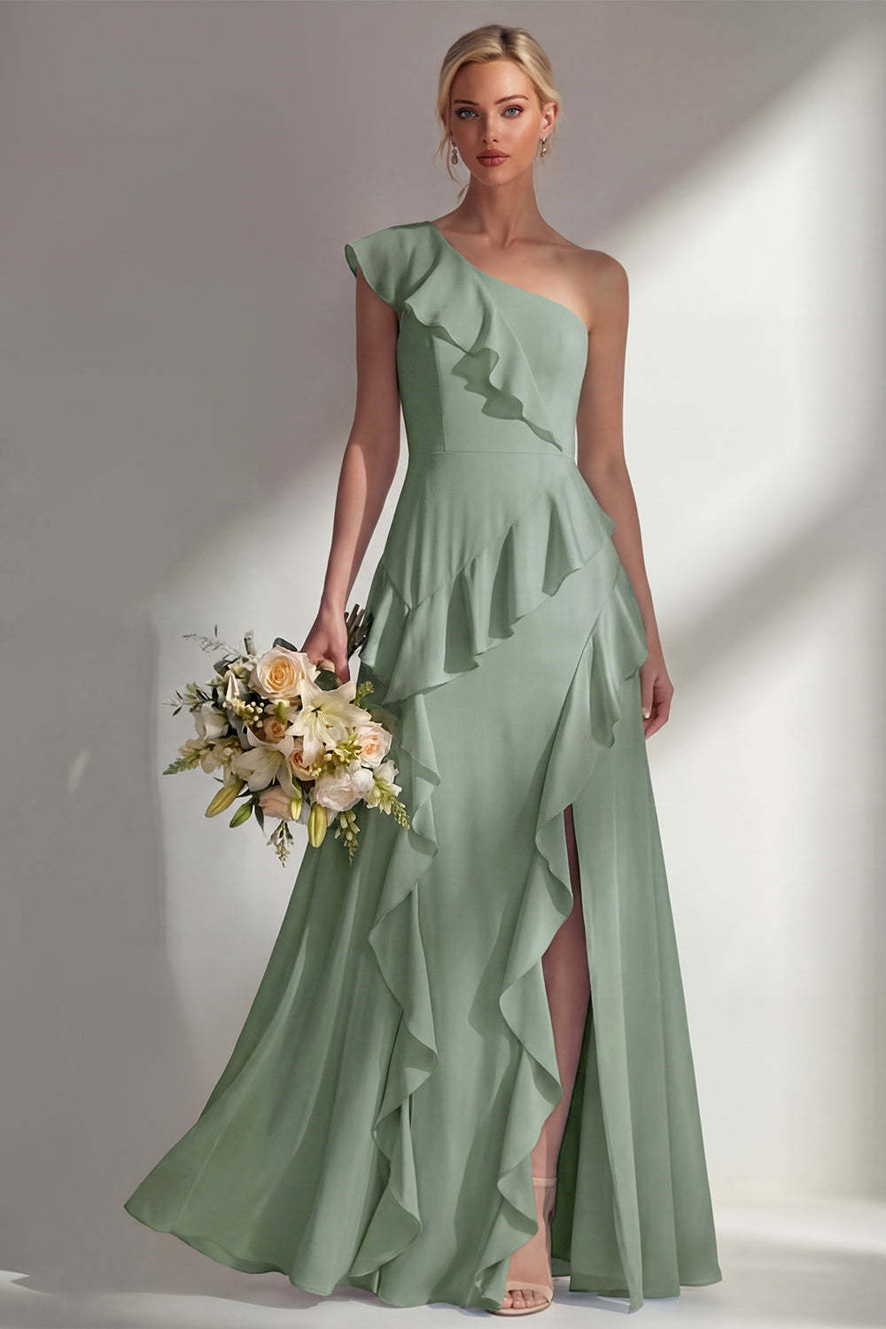 Emerald A Line Ruffled One Shoulder Long Bridesmaid Dress with Slit