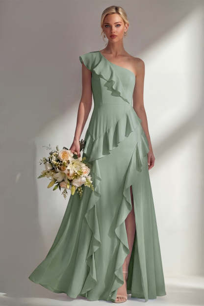 Emerald A Line Ruffled One Shoulder Long Bridesmaid Dress with Slit