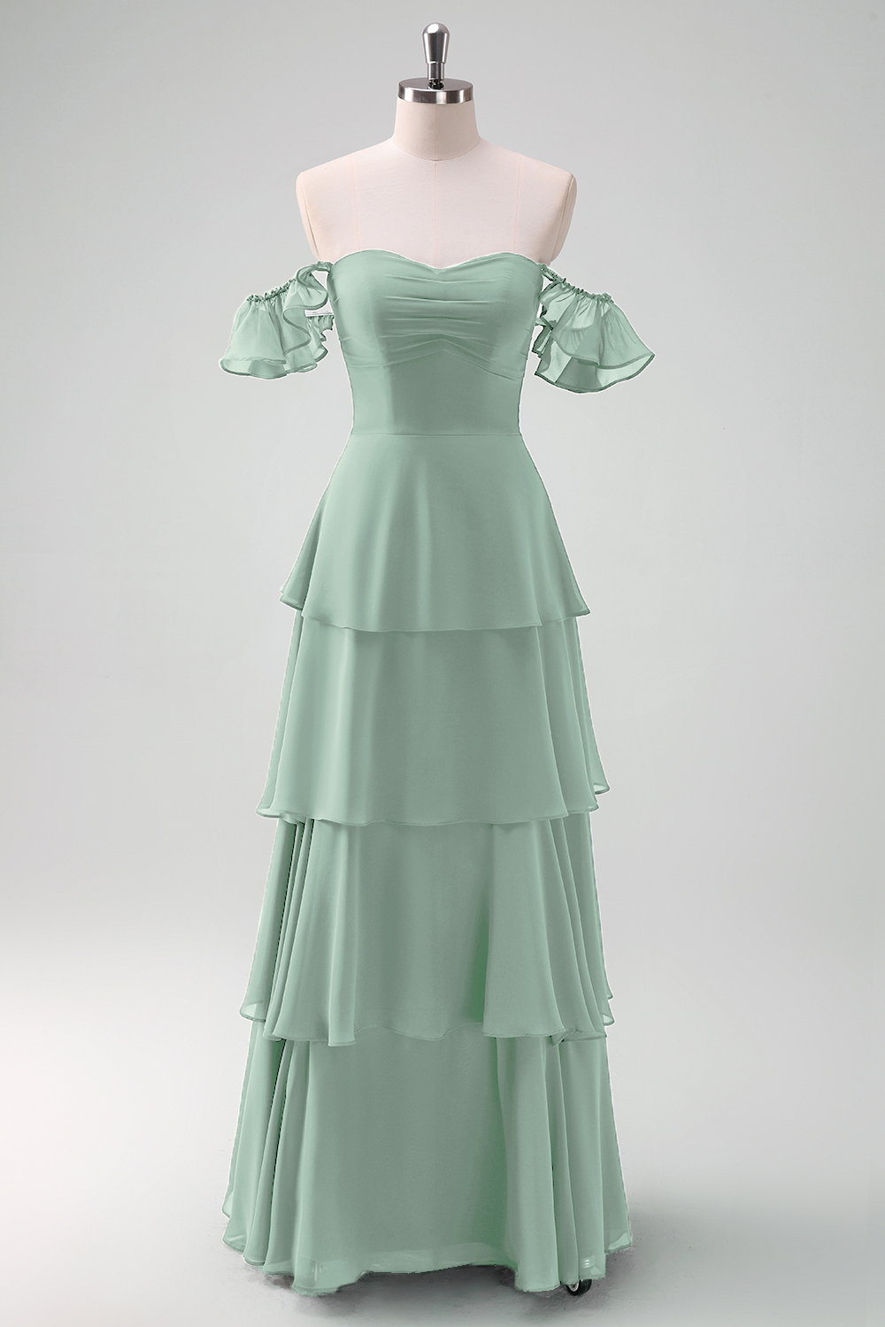 Eucalyptus Off the Shoulder Tiered Chiffon Bridesmaid Dress
