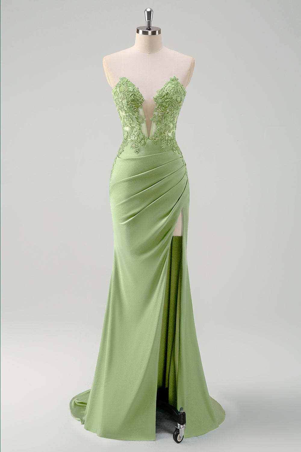 Green Mermaid Applique Strapless Ruched Prom Dress with Slit