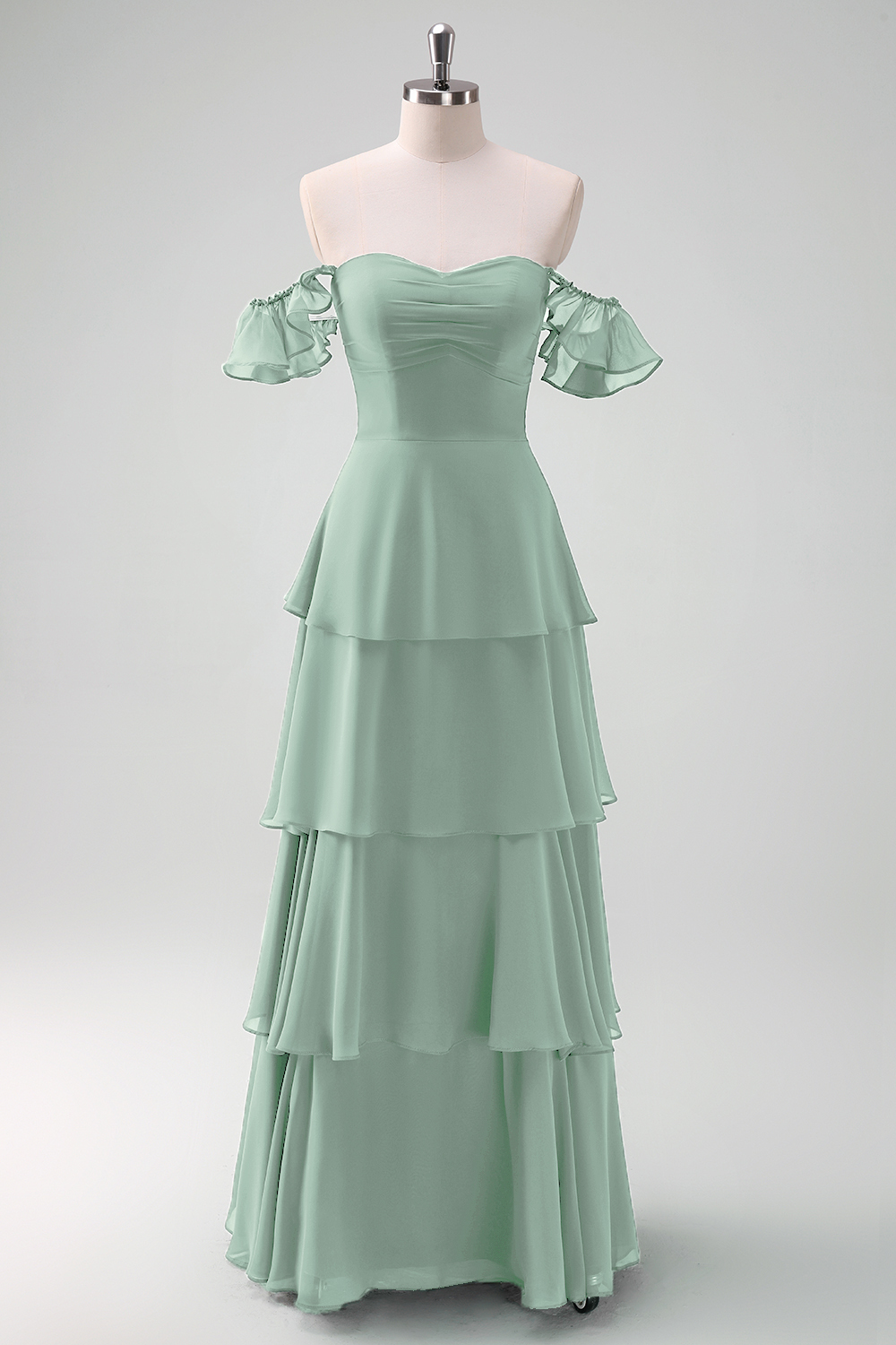 Eucalyptus Off the Shoulder Tiered Chiffon Bridesmaid Dress
