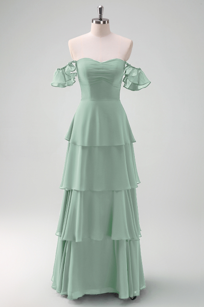 Eucalyptus Off the Shoulder Tiered Chiffon Bridesmaid Dress