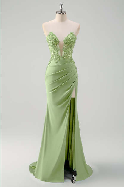 Green Mermaid Applique Strapless Ruched Prom Dress with Slit