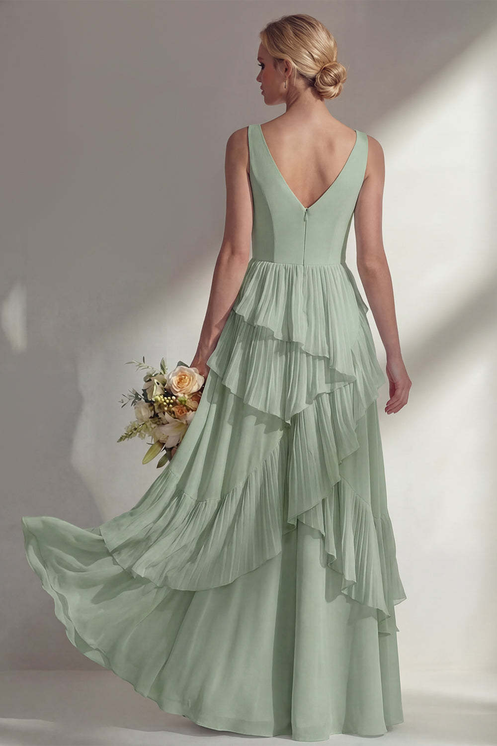 Sea Glass V Neck Ruffled Sleeveless Long Bridesmaid Dress