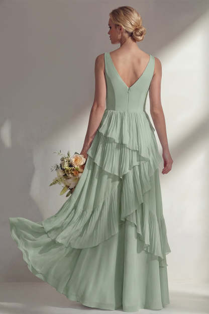 Sea Glass V Neck Ruffled Sleeveless Long Bridesmaid Dress