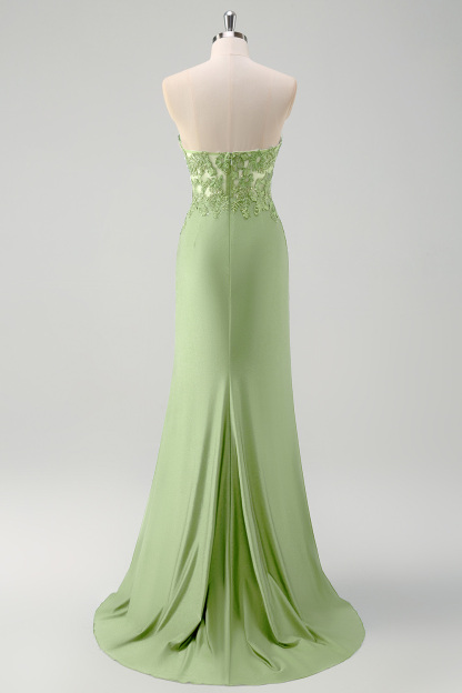 Green Mermaid Applique Sweetheart V-Neck Prom Dress with Slit
