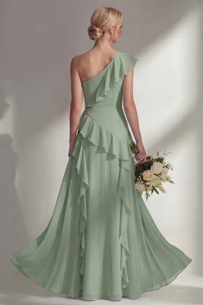 Emerald A Line Ruffled One Shoulder Long Bridesmaid Dress with Slit