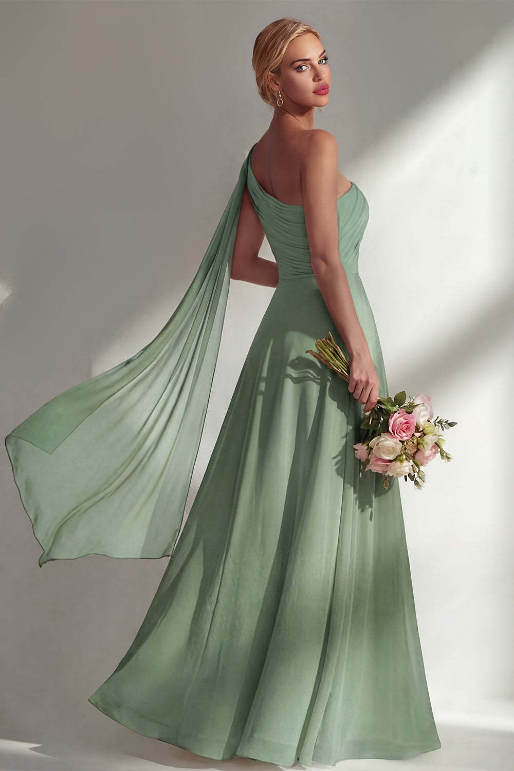 Burgundy One Shoulder Backless Ruched Long Bridesmaid Dress with Slit