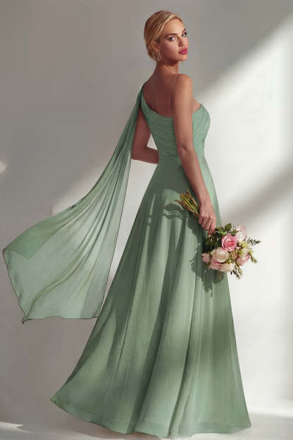 Burgundy One Shoulder Backless Ruched Long Bridesmaid Dress with Slit