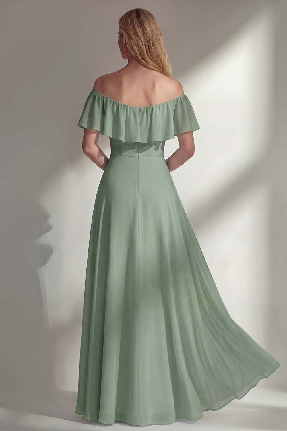 A Line Burgundy Ruffed Off the Shoulder Long Bridesmaid Dress with Slit