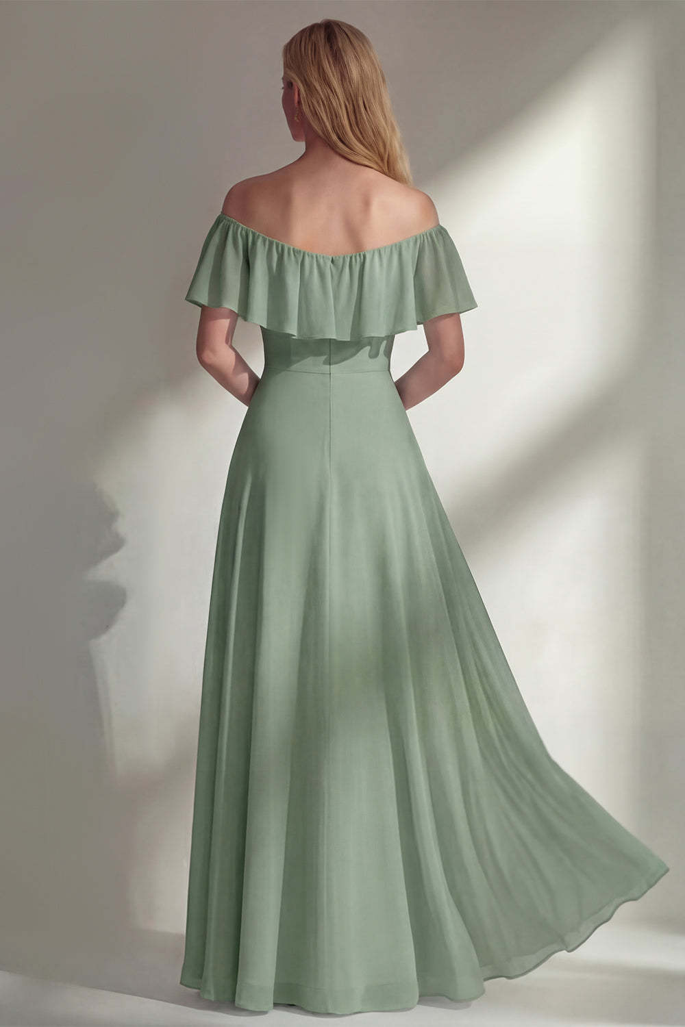 A Line Burgundy Ruffed Off the Shoulder Long Bridesmaid Dress with Slit