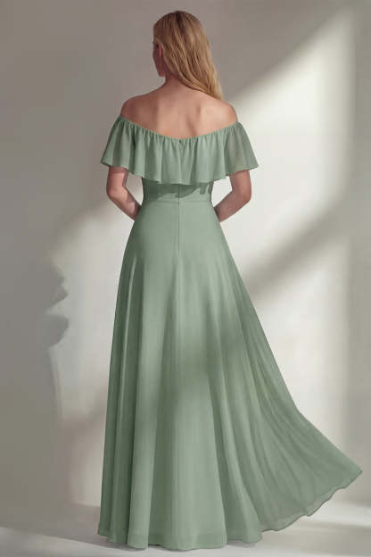 A Line Burgundy Ruffed Off the Shoulder Long Bridesmaid Dress with Slit