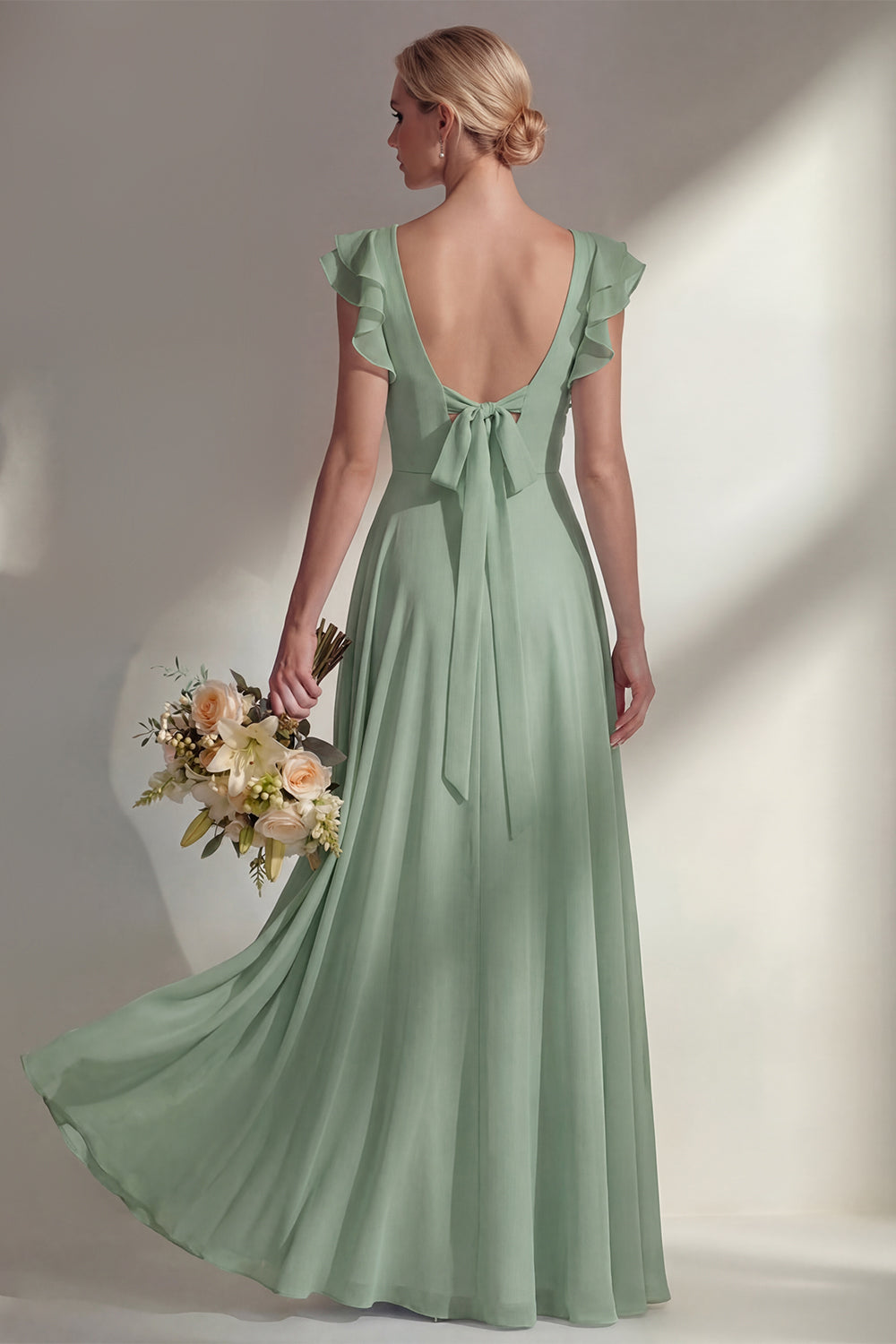 A Line Round Neck Ruffled Dusty Blue Long Bridesmaid Dress