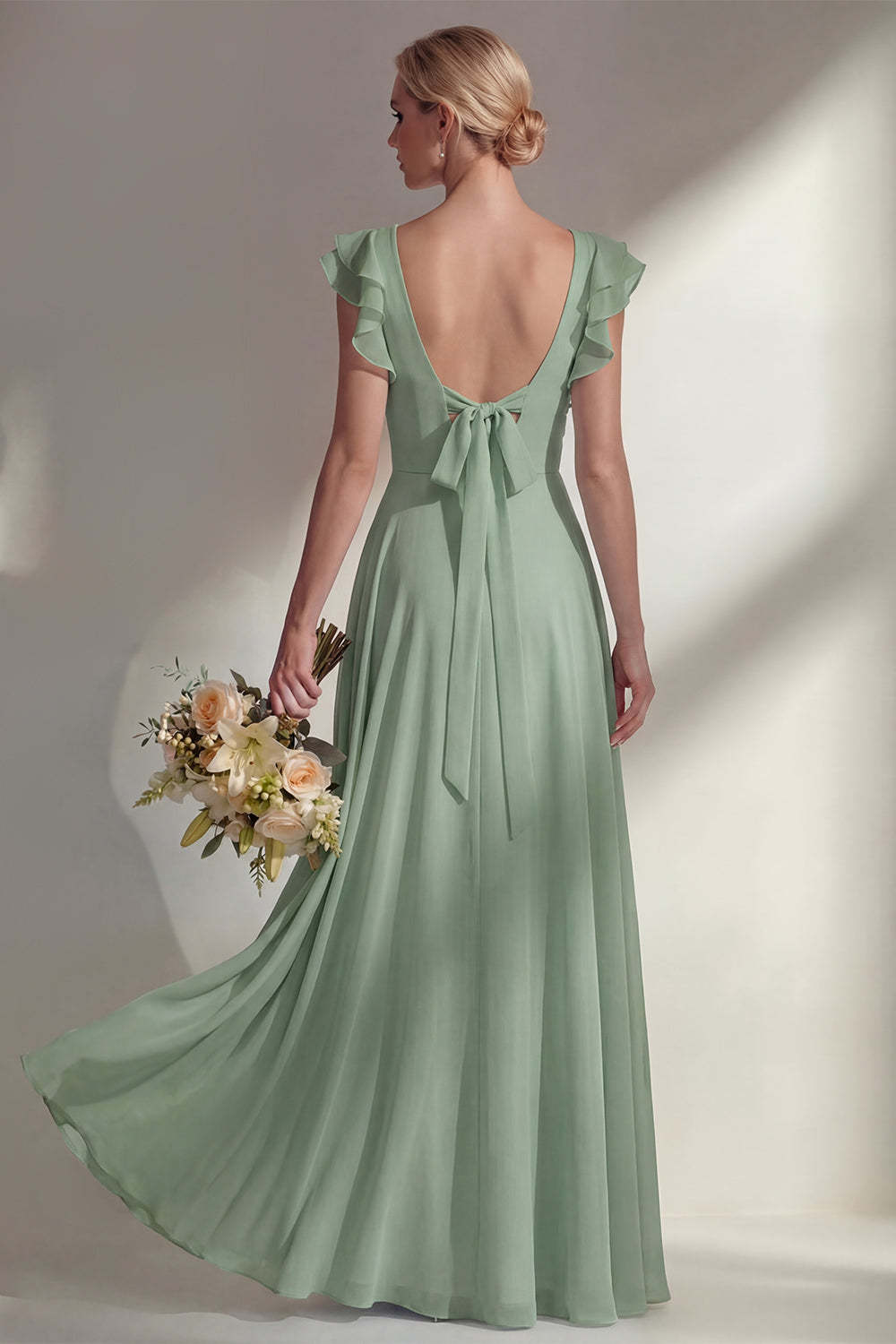 A Line Round Neck Ruffled Dusty Blue Long Bridesmaid Dress