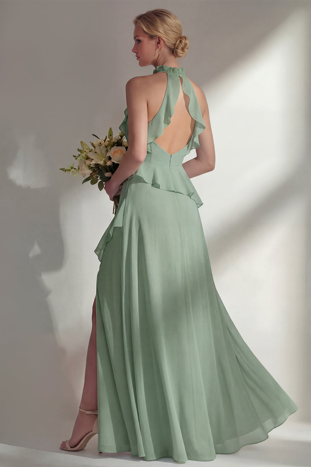 Butter Yellow Ruffled Halter Neck A Line Long Bridesmaid Dress with Slit