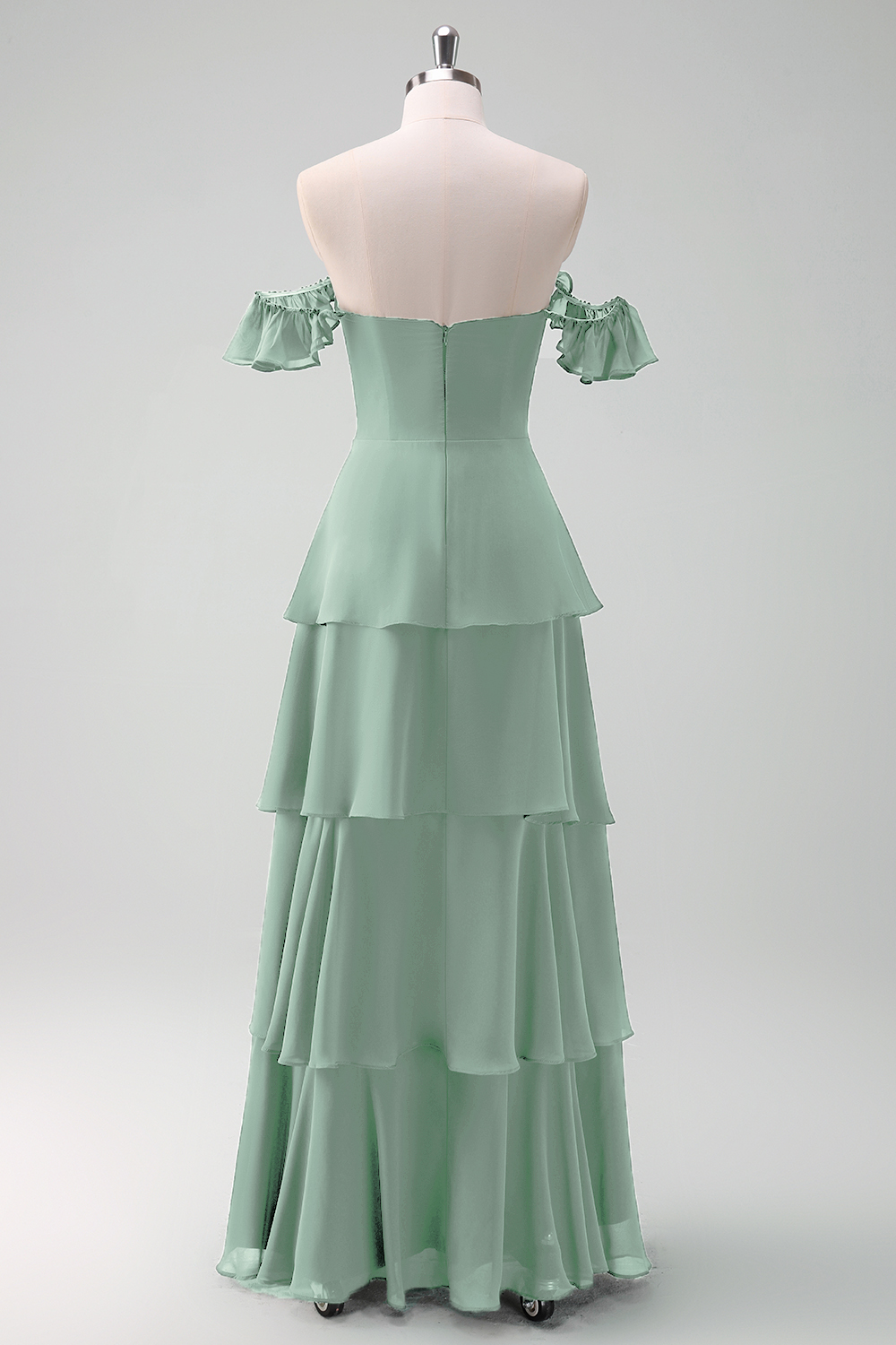 Eucalyptus Off the Shoulder Tiered Chiffon Bridesmaid Dress