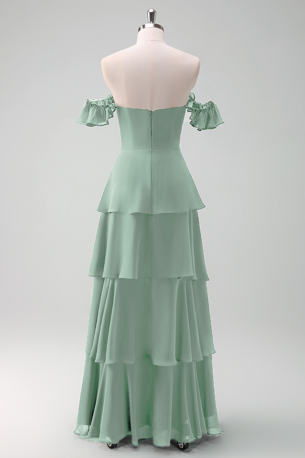 Eucalyptus Off the Shoulder Tiered Chiffon Bridesmaid Dress