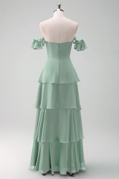 Eucalyptus Off the Shoulder Tiered Chiffon Bridesmaid Dress