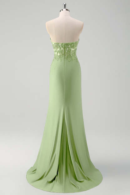 Green Mermaid Applique Strapless Ruched Prom Dress with Slit