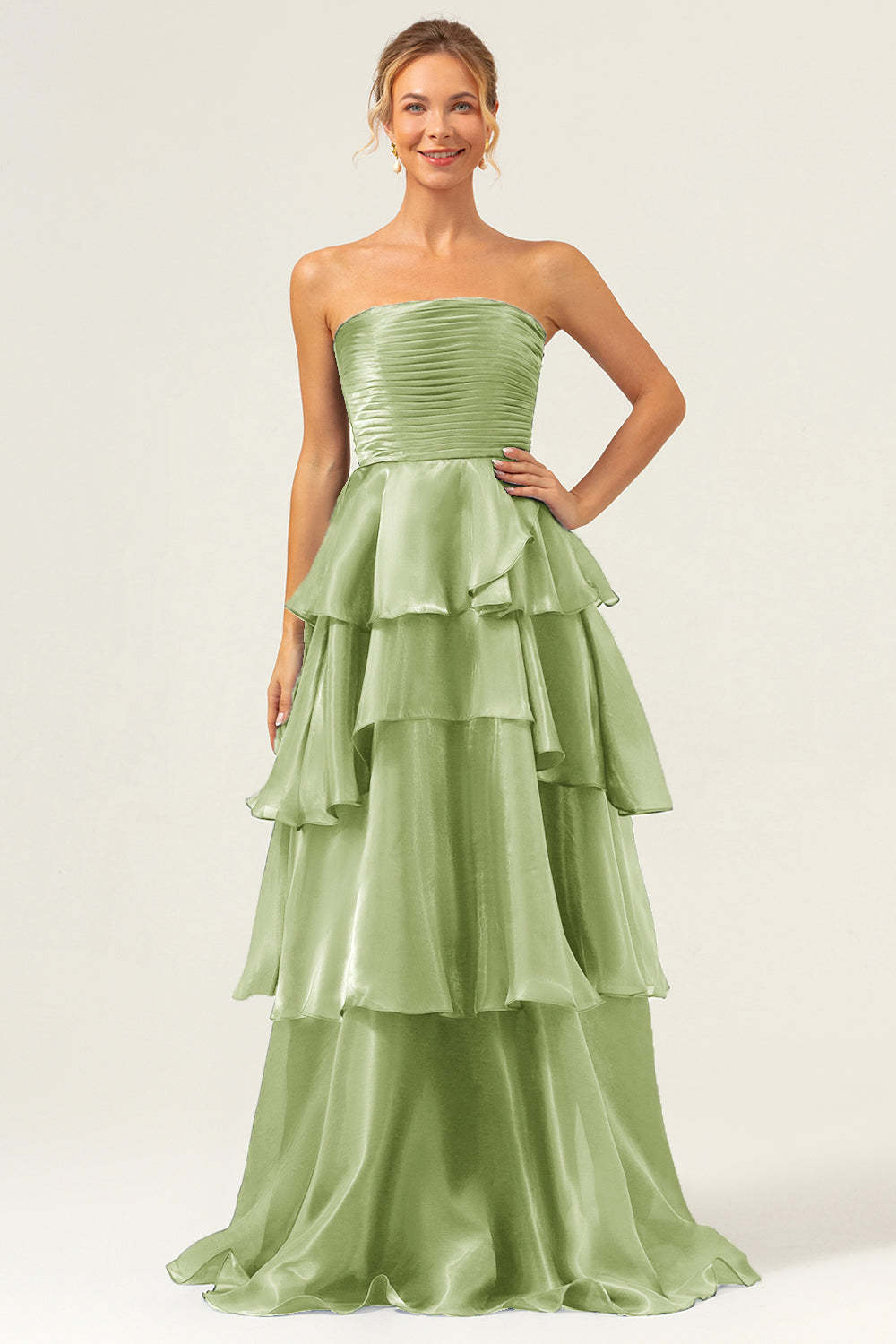 Plus Size Dark Navy Strapless A Line Tiered Satin Maxi Bridesmaid Dress