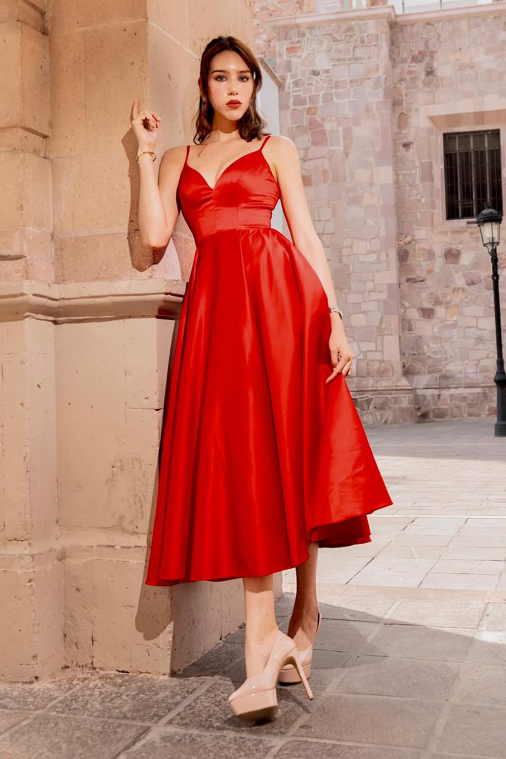 Red Satin A-Line Spaghetti Straps Tea Length Formal Dress