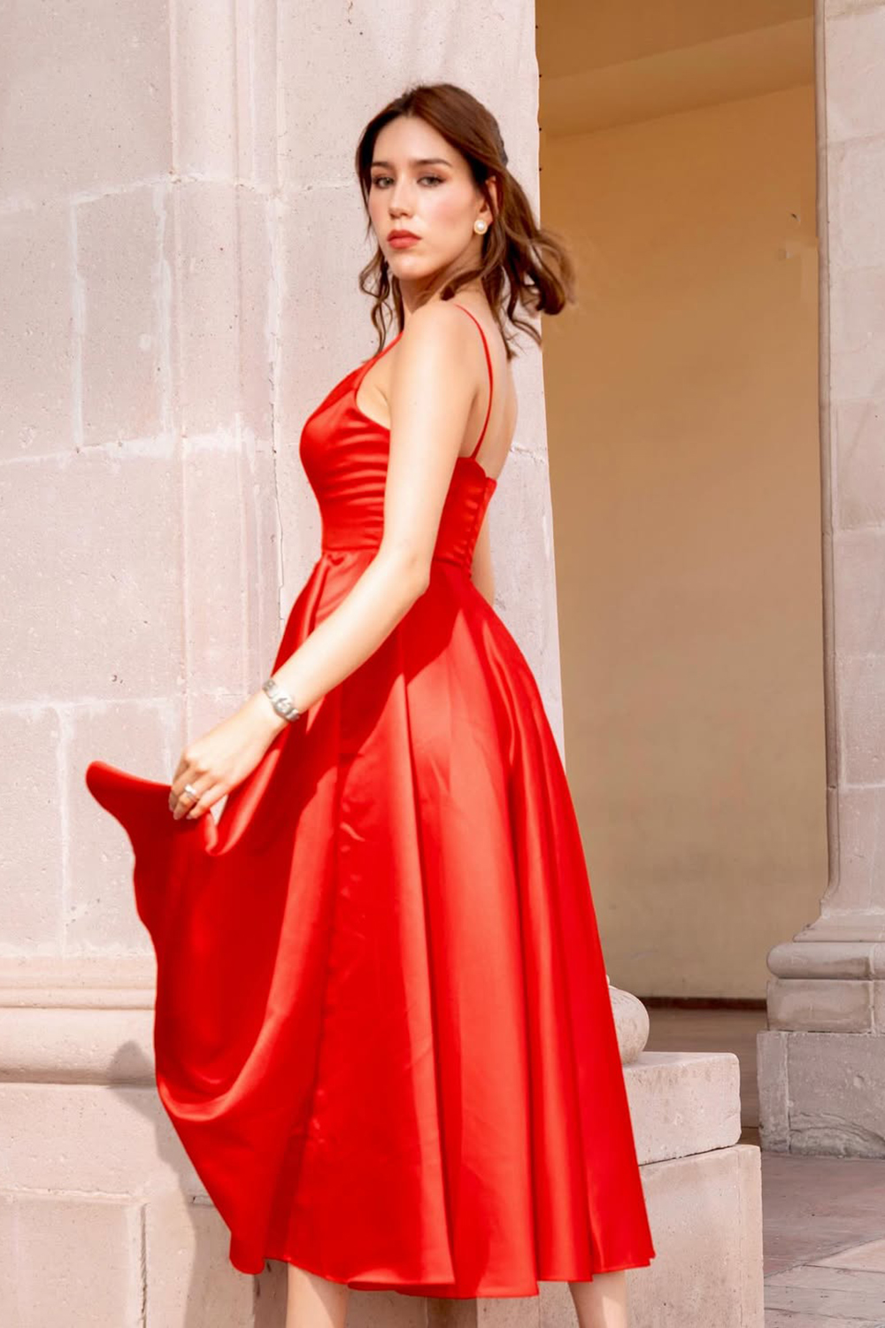 Red Satin A-Line Spaghetti Straps Tea Length Formal Dress