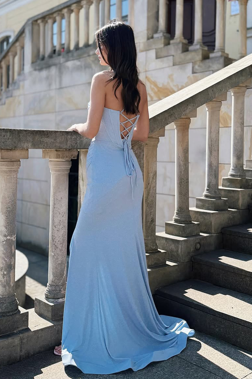 Light Blue Sparkly Mermaid Prom Dress with Slit